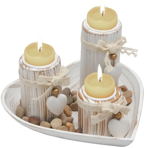 Lot de 3 bougeoirs en bois avec plateau et pendentifs DIY - Bougeoirs en bois - Bougeoirs piliers - Décoration de salon - Peut être utilisé comme décoration ou cadeau