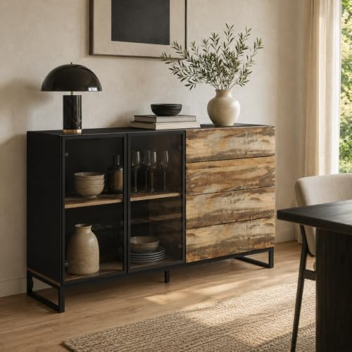 PREMTURE Sideboard Holzoptik-Schwarz 160cm mit LED & Glastür – Kommode mit 4 Schubladen, Push-to-Open & USB-Lichtleiste – Vitrinenschrank mit Metallrahmen für Wohnzimmer, 160×95×41cm