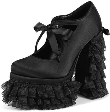 Veelau Meieer Lolita Escarpins à plateforme pour femme en satin avec talon à volants et nœud