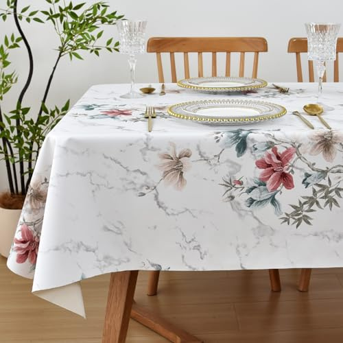 Yofori PVC Table Cloth, Floral, 137x137cm, Square | Wipe Clean, Marble Floral Pattern, Wipeable Vinyl Waterproof, For Kitchen Dining Outdoor Garden Picnic