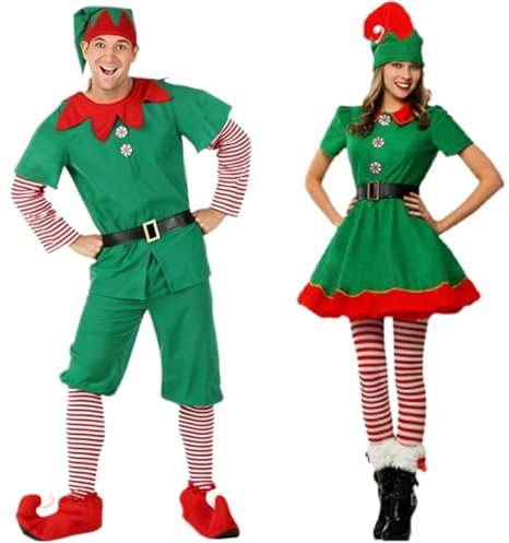 Generico Costume da Elfo Donna Costume Babbo Natale Vestito Natalizio con Cintura Cappello Calze Scarpe Abito di Flanella Set di Mrs Claus Costume Carnevale Natale Christmas