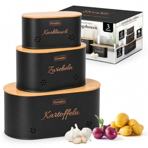ElevaMe Kartoffel Aufbewahrungsbox - 3er Set Kartoffelbox, Zwiebel Aufbewahrung & Knoblauch Aufbewahrung mit Bambusdeckel - Stapelbare Gemüsebox für Ordnung und längere Frische in der Küche