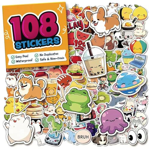 108 Pcs Cute Stickers for Teens, Waterproof Vinyl Animal Stickers for Water Bottle, Laptop, Scrapbook, Skateboard, Luggage, Reusable Decals for Party Bags
