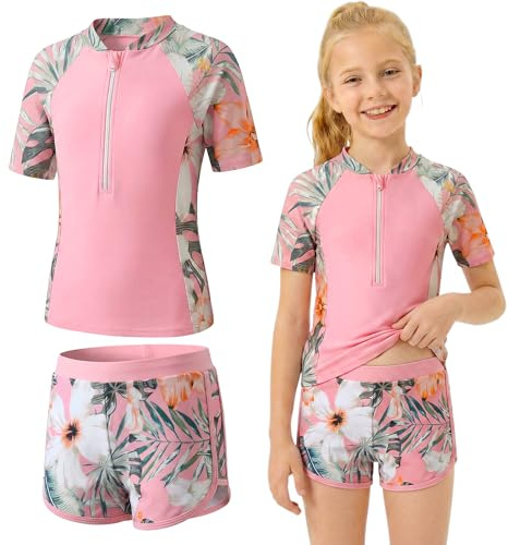 Baogaier Niñas Traje de Baño 2 Piezas Manga Corta Protección Solar, Secado Rápido Estampado Top con Cremallera y Shorts, Elástico Rash Guard Playa Piscina Bañador Ropa para 13-14 Años, Rosa