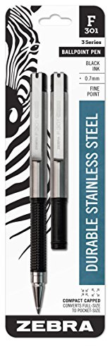 Zebra Pen F-301 Compact Ballpoint Black Ink Fine Point 0.7mm Pen, Easy-Glide Ink, Stainless Steel Retractable, Non-Slip Grip, Converts from Full Size to Pocket Size, 2-Pack (27412)
