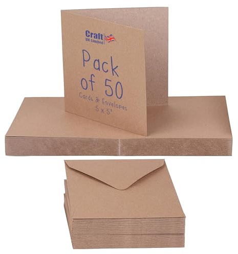 Craft UK 2050 5 x 5 inch Kraft Card and Envelope pack of 50 - Brown