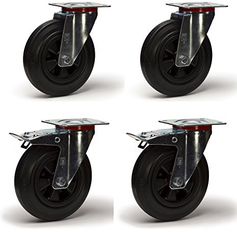 Lot de 4 roulettes pivotantes et pivotantes à frein caoutchouc noir 80 mm - 150 Kg