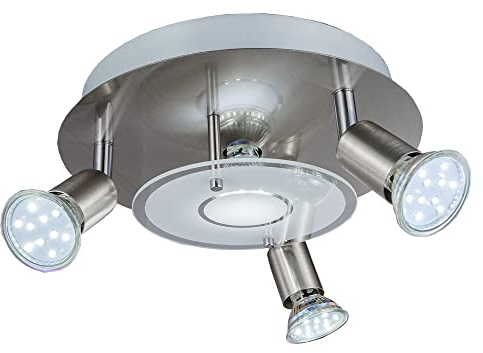 B.K.Licht Plafoniera LED da soffitto, include 4 lampadine GU10 3W luce calda, Ø25cm, 1 faretto fisso 3 inclinabili, lampada moderna per interni, metallo e vetro, color nickel opaco 230V IP20