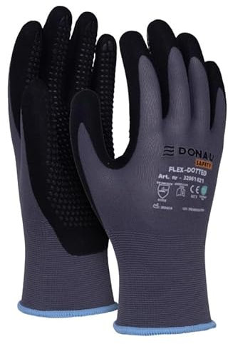 DONAU SAFETY Guanti da lavoro Flex-Dotted con pomelli antiscivolo/Taglia 10/XL, 1 paio/Grigio-Nero/Guanti per montaggio meccanico/Rivestiti in nitrile, leggermente resistenti all'olio, nylon