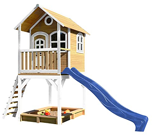 AXI Spielhaus Sarah mit Sandkasten & Blauer Rutsche | Stelzenhaus in Braun & Weiß aus FSC Holz für Kinder | Spielturm mit Wellenrutsche für den Garten