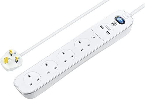 Masterplug Four Socket Switched Inline Power Surge Protected Extension Lead with Two USB Charging Ports, 2 Metres, Gloss White
