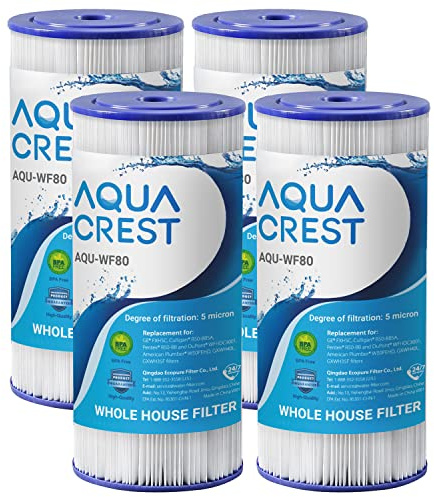 AQUA CREST FXHSC Whole House Water Filter Replacement for GE® FXHSC, GXWH40L, GXWH35F, American Plumber W50PEHD, W10-PR, Culligan® R50-BBSA, 5 Micron 10 x 4.5, High Flow Sediment Filters, Pack of 4