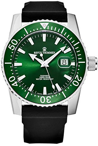 Revue Thommen Herren-Armbanduhr Diver, grünes Zifferblatt, Gummiband, Schweizer Automatikuhr, 17030.2534, Armband