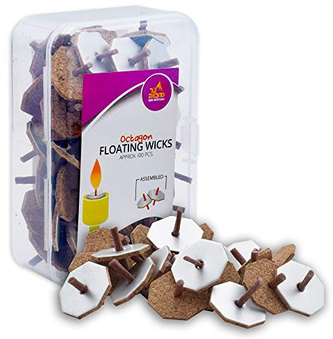 Ner Mitzvah Pre-Assembled Floating Wicks Octagon Shaped - 100 Count - Cotton Wicks and Cork Disc Holders for Oil Cups