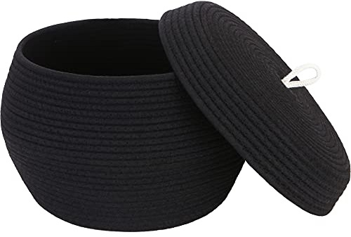 Sea Team Eleganter runder Baumwollseil-Aufbewahrungskorb mit Deckel - Multifunktionaler Organizer für Snacks, Handtücher uvm. - Ideal für Ihr Zuhause, 13 x 9 Zoll (Groß,Schwarz)