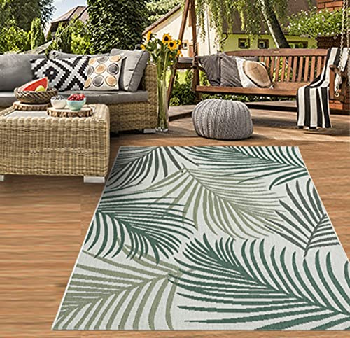 Teppich-Traum In- & Outdoor Teppich Sisal Optik Balkon Küche Wohnzimmer Terrasse Palmenzweige in grün auf sandfarbe Größe 120x170 cm