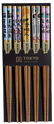 TOKYO Design Essstäbchen Edelholz 5er Set farbige Muster, Japanisches Design Sushi Stäbchen, Chinesisch, Japanisch, Koreanisch, Wiederverwendbare Holz Essstäbchen