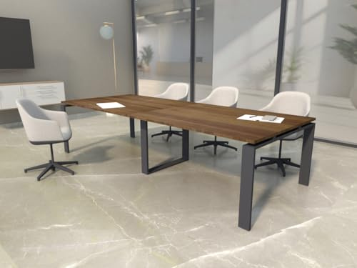 Mesa de 240x100 con Estructura metálica Marco Abierto Gris Grafito y Tablero melaminado para Sala de Juntas, reuniones, conferencias (Nogal)