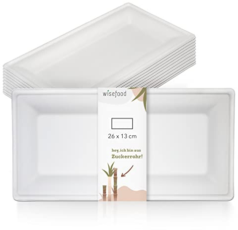 wisefood Plato de caña de azúcar, 500 unidades, plato desechable rectangular, 26 x 13 cm, ideal como plato de fiesta o menú, vajilla de caña de azúcar biodegradable sin PLA/PE