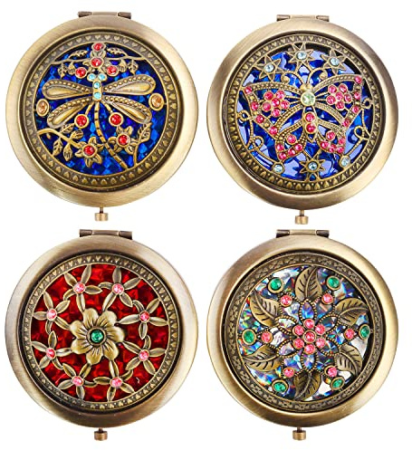 Rich Boxer 4 Vintage Metal Folding Mirrors, Vanity Mirror, Travel Mirror, Makeup Mirror, Pocket Mirror, Double-Sided Compact Cosmetic Mirror, Bronze, Random Style