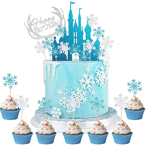 HCRXVV Schloss Tortendeko Mädchen,Frozen Glitter Geburtstagsdeko mit Schneeflocke Tortenfigur,Ice Blue Silber Cup Cake Topper für Kinder Weinachtsdekorationen Tortenaufleger Weihnachten Kuchen Deko
