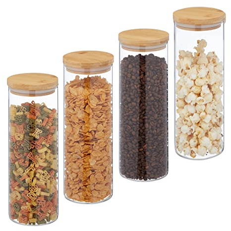 Relaxdays Vorratsgläser mit Bambusdeckel, 4er Set, transparent/natur | runde Vorratsdosen aus Glas, 1600 ml, luftdicht