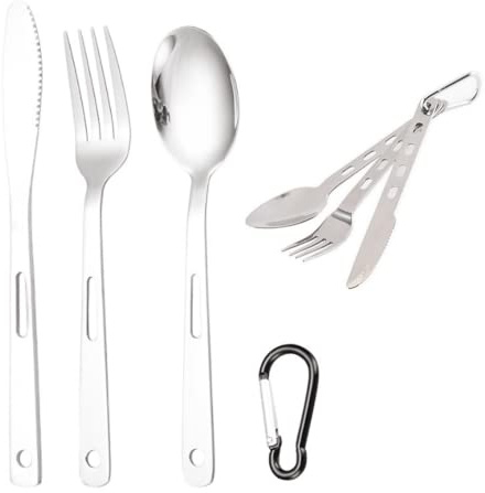3 Pcs Travel Camping Cutlery Set Travel Camping Flatware Dinnerware Tableware Kit for One Knife, Fork and Spoon Set with Carabiner for Outdoor Travel Hiking Picnic Office School Daily Use