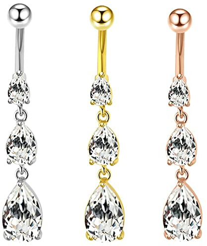 Beydodo Bauchnabelpiercing 3er Set, Bauchnabelpiercing Chirurgenstahl Tricolor Tropfen Anhänger mit Zirkonia Körperpiercing Bauchnabelringe