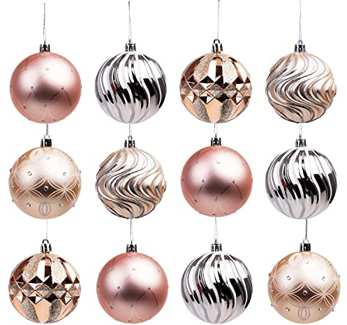 LOAVER 16-pack Christmas Baubles with Strings, 80mm Shatterproof Rose Gold Champaign Gold Silver Baubles Xmas Balls Ornaments for Christmas Tree Hanging Decorations