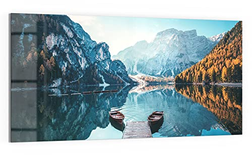 DEQORI Glas-Magnettafel | 100x50 cm groß | Motiv Blick auf Lago di Braies | Memo-Board aus Glas | Magnetboard inkl. Magnete, Stift & Tuch für Küche & Büro | Tafel magnetisch & beschreibbar