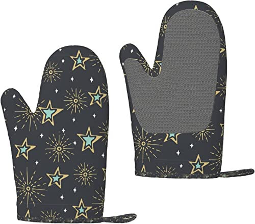 Ofenhandschuhe Nahtlose Sterne Schwarzer Hintergrund Silikon-Ofenhandschuhe Anti-Rutsch-Kochhandschuhe, Hitzebeständige Backhandschuhe EIN Paar