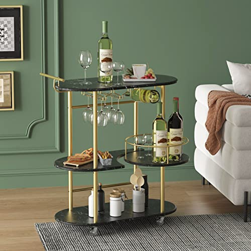 PAUKIN Schwarze Barwagen mit 4 Ebenen Ablageflächen, Mobile Bar Servierwagen mit Weinregal und Glashalter, für Zuhause, Küche, Wohnzimmer, Esszimmer