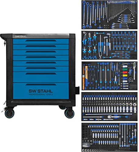 SW-Stahl Z3200 professionell verkstadsvagn TT802 blå I 8 lådor I 5 lådor fyllda I 434 delar I verkstad rullvagn utrustad med verktyg I Twin-Lock I verkstadsvagn kit I fullt utrustad