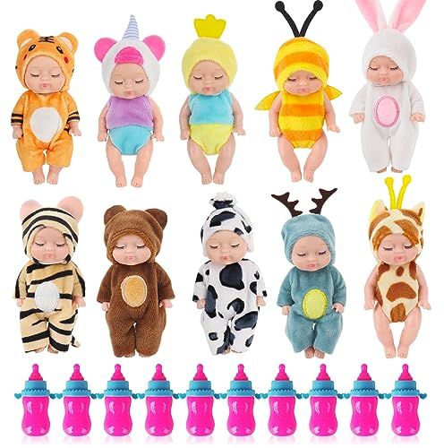 Lotvic Mini Babypuppen, 10 Stück Mini Reborn Puppen, Babypuppen Zubehör Set mit 10 Nuckelflasche, 4 Zoll Reborn Baby Dolls Newborn, Newborn Reborn Baby, Miniatur Puppenspielzeug für Kinder Mädchen