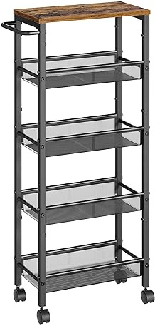 VASAGLE Carrello a 5 Ripiani, Carrello Cucina Salvaspazio con Ruote, Struttura in Acciaio, Maniglia, Carrellino Piccoli Spazi, Bagno Salotto Studio, Marrone Vintage e Nero LRC035B01