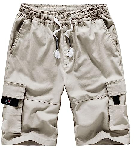 Jamron Homme Grande Taille Short Bermuda Cargo à Taille Élastiquée avec 8 Poches Été Short en Coton Décontracté Beige 4XL
