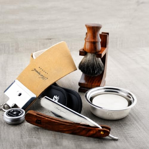 Haryali London, 7Pcs Wooden Straight Razor Shaving Kit for Men – Complete Wet Shaving Set with Leather Strop, Shaving Brush, Shaving Soap, Wooden Bowl, Paste & Stand – Mens Grooming Gift Set