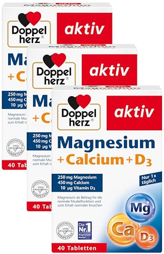 Doppelherz Magnesium + Calcium + D3 - Magnesium als Beitrag für die normale Muskelfunktion und zum Erhalt normaler Knochen - 40 Tabletten (Packung mit 3)
