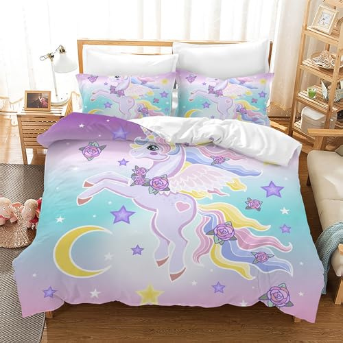 Leleyouzer Einhorn Bettwäsche Set,Kinderbettwäsche Rosa Mädchen-Bettwäsche,1 x Einhorn-Bettbezug mit Reißverschluss + 2 x Kopfkissenbezug 50 x 75cm (U1, 135×200 cm)