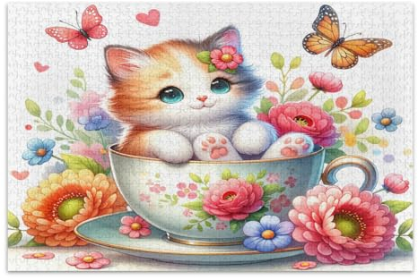 Puzzle mignon chat assis dans une tasse de thé 1000 pièces, puzzle éducatif intellectuel, taille finie 75 x 50 cm