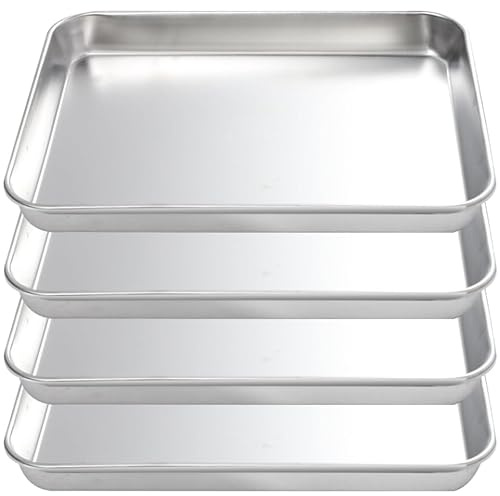 Ciieeo 4pcs Stainless Steel Roasting Trays, Multi Function Baking Sheets, Small Oven Steam Pan, Rice Noodle Roll Plate, Flat Bottom Cooking Platter, Camping Metal Food Container Set, 8.9X5.8X0.5In