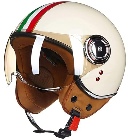 QJWMatic Sommer Vintage Motorrad Open Face Helm Vintage Roller Helm Damen Herren Retro Elektrischer Halbhelm Mit Sonnenblende Jet-Helm ECE Approved A,M54-56CM