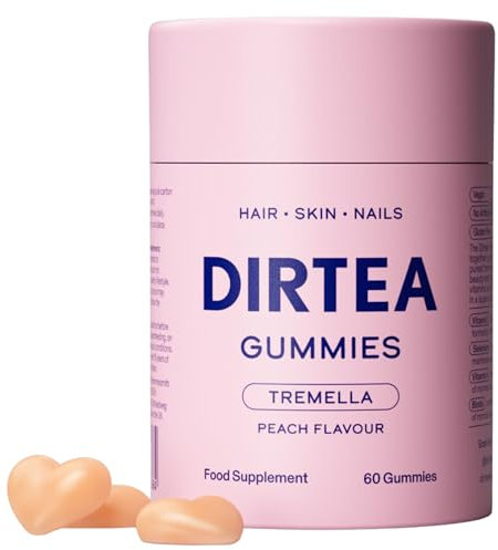 DIRTEA Tremella Mushroom Gummies with Biotin & Vitamin C - Hair, Nail & Skin Supplement - Vegan, Natural, Sugar-Free - 1 Month's Supply - 3,000mg Tremella per Serving - 60 Gummies - Peach Flavour