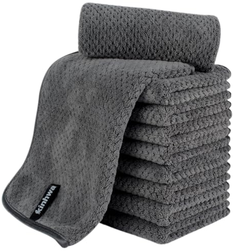 KinHwa Mikrofaser Gästehandtücher Handtücher 30x50cm, Weiche Saugstark Gästetücher mit Aufhängeschlaufe, Schnelltrocknend Waschlappen Saugfähig für Bad, Spa, Fitnessstudio 10 Pack Dunkelgrau