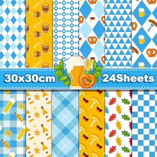 CC HOME 24 Blatt Oktoberfest Scrapbook Papier, 12 Designs, Deutsches Bierfestival Bastelpapier, 30x30 cm, Quadratisch, Orange, Blue, Multicolored