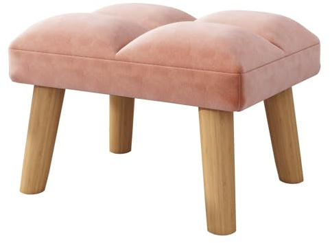 YMYNY Fotpall, liten ottomanpall med träben, modern vadderad soffa sits fotstödspall, sammet fotpall puff soffpall för vardagsrum sovrum 40 × 30 × 27 cm rosa HBD032P