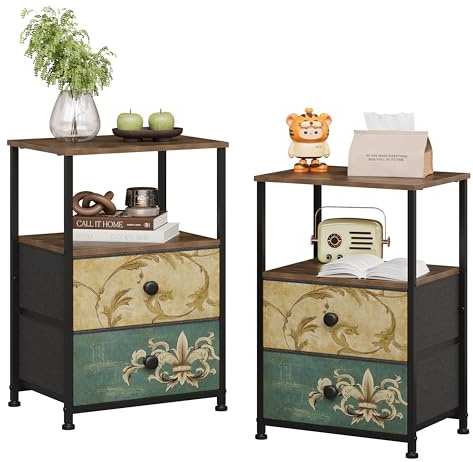 VEDECASA Chest of Drawers 2 Sets Bedside Table with Open Shelves and 2 Drawers Dressers for Bedroom Rustic Nightstand Cabinet for Living Room Sofa Couch Closet Wood Board Easy to Assemble