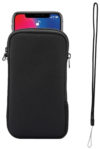 ARROMI Phone Pouch With Neck Strap, Mobile Sleeve Case With Zipper, Universal Shock Sock, Neoprene Bag With Neck Lanyards (Black)