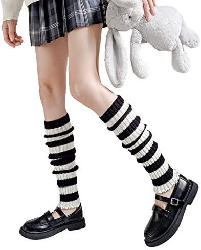 TAZIZI Lolita Beinstulpen für Damen, Gothic, schwarz-weiß, gestreift, gerippt, gerüscht, Studentenkniestrümpfe, Weiß/Schwarz, 15.75in