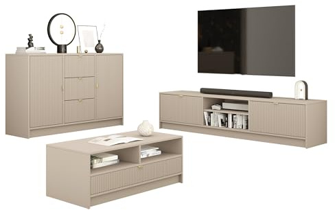 Mirjan24 Wohnzimmer-Set Tireno I 3-teilig (Sandbeige) | Möbelset mit Sideboard, TV-Lowboard und Couchtisch, geriffelten Fronten und goldfarbenen Griffen für das Wohnzimmer